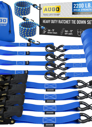 AUGO Ratchet Straps Heavy Duty 4 Pack -15 FT - 2200 LB Break Strength – with Safety Lock S Hooks - Cargo Straps for Moving, Appliances, Motorcycle – Soft Loop Tie Down Straps