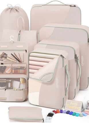 10 Set/8 Set Packing Cubes for Travel, Gifts for Women Mom,Anti-Tearing Suitcase Organizer for Luggage with Shoe & Hanging Toiletry Bag,OlarHike Vacation Essentials & Accessories for Cruise Ship,Cream