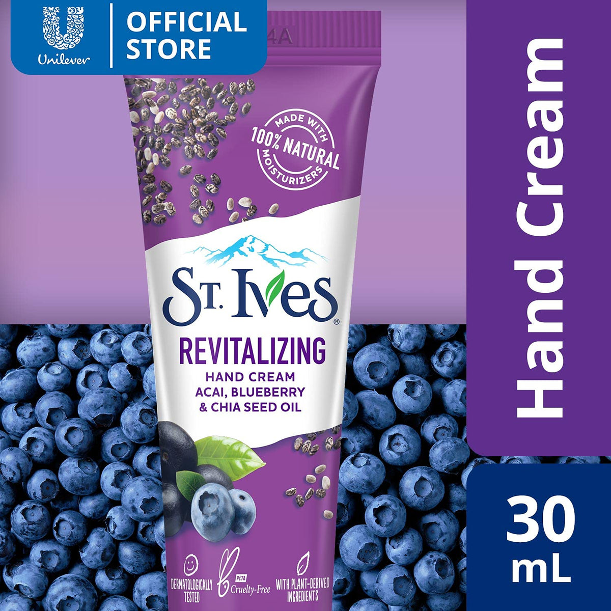 St. Ives Revitalizing ACAI, Blueberry & Chia Seed Oil Hand Cream, Made With 100% Natural Moisturizers, Travel Size, Paraben Free, Dermatologist Tested, Imported, 30 ml