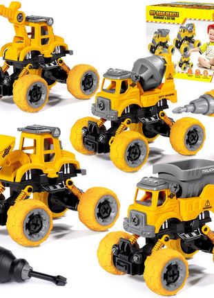 LUDILO Take Apart Construction Toys for 4 Year Old Boys Gifts Toys Age 4-6 | 4PCS Excavator Toy with Electric Drill/Kids Toy Boys 3-5/Building Learning Stem Toys for 3 4 5 6 7 Year Old Boy Birthday Gift