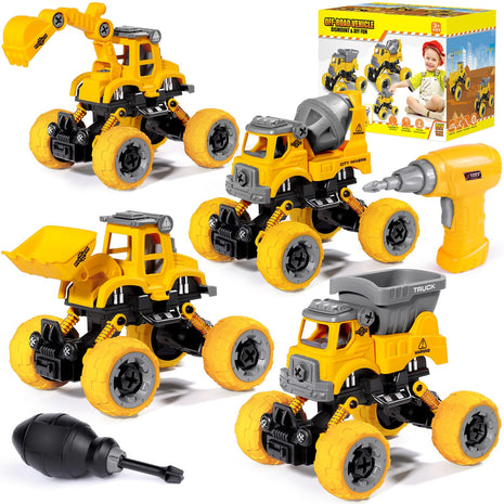 LUDILO Take Apart Construction Toys for 4 Year Old Boys Gifts Toys Age 4-6 | 4PCS Excavator Toy with Electric Drill/Kids Toy Boys 3-5/Building Learning Stem Toys for 3 4 5 6 7 Year Old Boy Birthday Gift