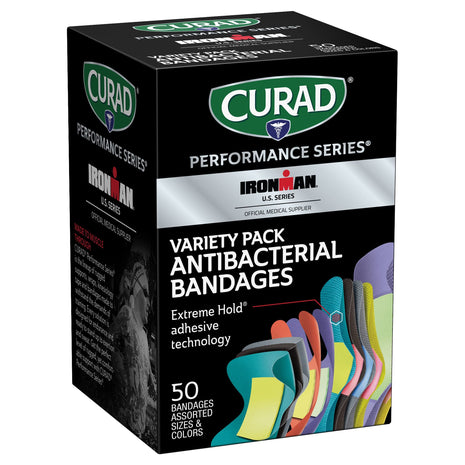 CURAD Performance Series Antibacterial Bandages, Extreme Hold Adhesive Technology, Finger & Knuckle Bandages, Flexible Fabric, Variety Pack with Assorted Sizes & Colors, 50 Count