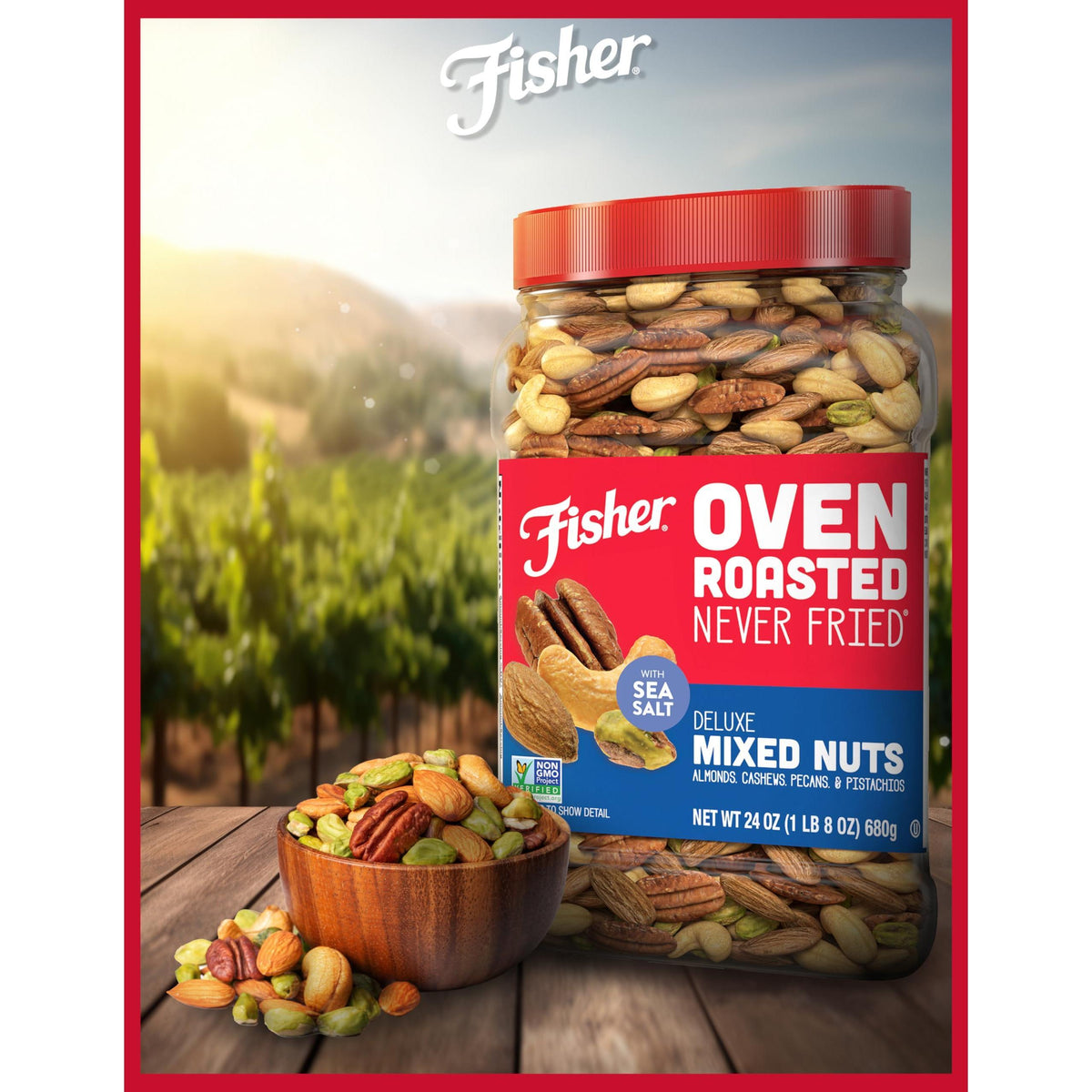 Fisher Oven Roasted Never Fried Deluxe Mixed Nuts, 24 Ounces (Pack of 1), Almonds, Cashews, Pecans, Pistachios, Healthy Snacks for Adults, Made With Sea Salt, No Added Oil, Trail Mix, Gluten Free