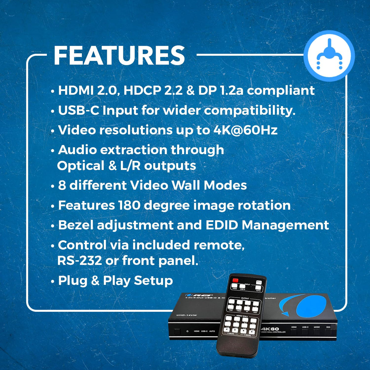 OREI 4K 2x2 Video Wall Controller with HDMI and USB-C inputs, 4K@60Hz Resolution | 180° Rotation, RS-232, and Audio Extraction