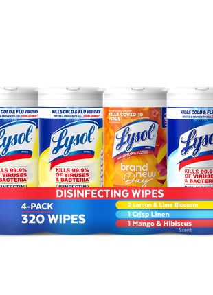 Lysol Disinfecting Wipes, Cleaner, Lemon + Mango + Linen, 80 ct. (4 Pack) | All Purpose Cleaner, Sanitizing, Deodorizing, Apartment Essentials, Back To School Cleaning Supplies, Kitchen & Bathroom Wipe