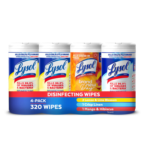Lysol Disinfecting Wipes, Cleaner, Lemon + Mango + Linen, 80 ct. (4 Pack) | All Purpose Cleaner, Sanitizing, Deodorizing, Apartment Essentials, Back To School Cleaning Supplies, Kitchen & Bathroom Wipe