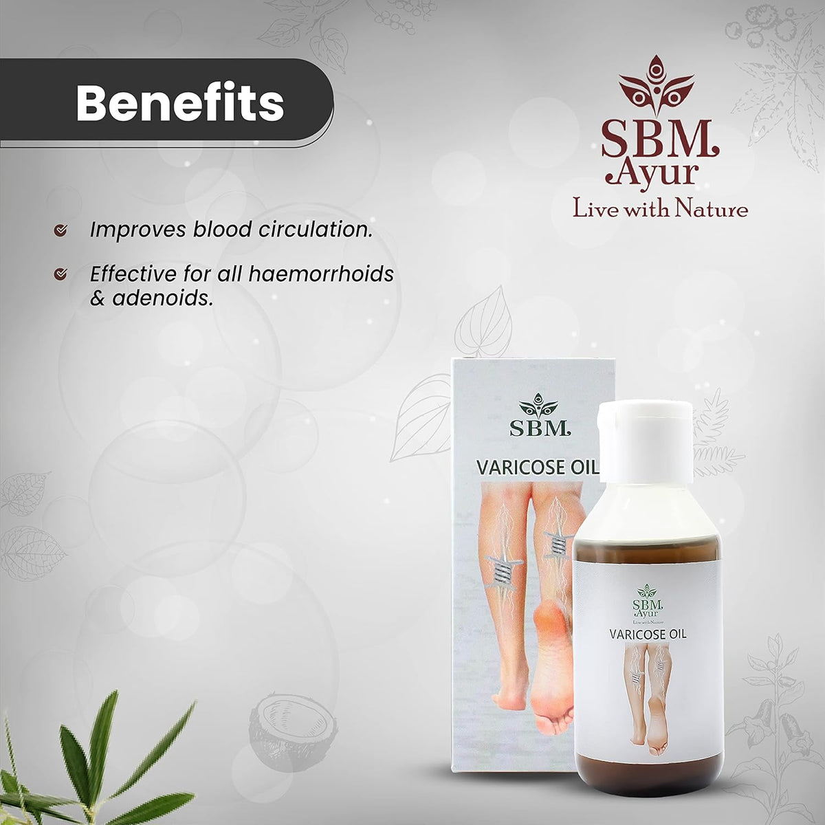 SBM Sri Bhagavathi Madom Ayurvedanikethanam (WITH DEVICE) Ayur Ayurvedic Oil 100 Ml | Helps To Cure Spider Veins | Improves Blood Circulation | Reduces Leg Muscle Cramping & Swelling