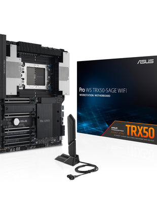 ASUS Pro WS TRX50-SAGE WIFI CEB Workstation motherboard, AMD Ryzen Threadripper PRO 7000 WX,ECC R-DIMM DDR5, 36 power-stage, WiFi 7,PCIe 5.0 x 16,PCIe 5.0 M.2, 10 Gb and 2.5 Gb LAN, multi-GPU support.