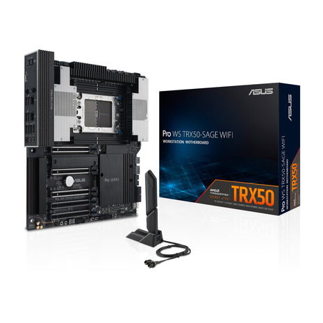 ASUS Pro WS TRX50-SAGE WIFI CEB Workstation motherboard, AMD Ryzen Threadripper PRO 7000 WX,ECC R-DIMM DDR5, 36 power-stage, WiFi 7,PCIe 5.0 x 16,PCIe 5.0 M.2, 10 Gb and 2.5 Gb LAN, multi-GPU support.