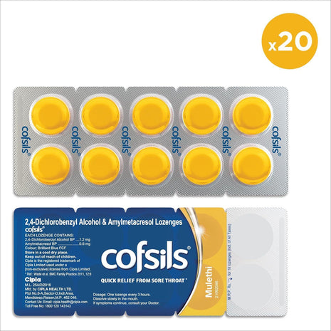 Cipla Cofsils Lozenges (200 Lozenges) | Mulethi Flavour | Quick Relief from Sore Throat, Itchy Throat and Scratchy Throat (10 x 20 Strips)