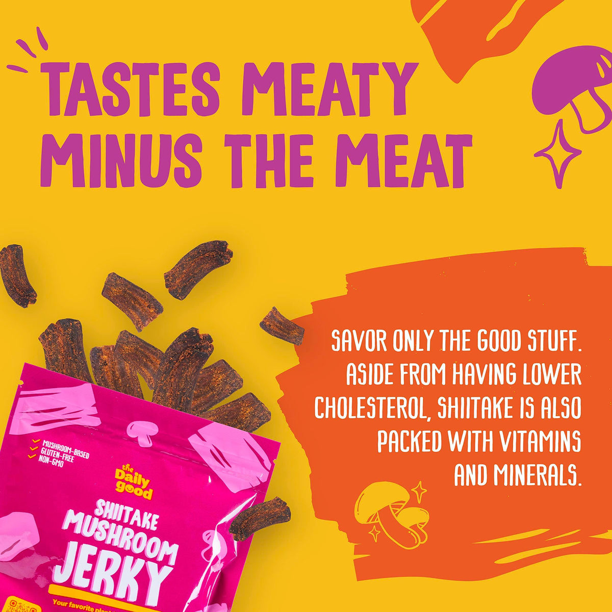 The Daily Good Mushroom Jerky - 3-Pack Snacks, Yummy High-Fiber Mushroom Snack, Gluten-Free Food, Contains Eggs, Made from Shiitake Stalk, 0.58 lbs., Vegetarian, Original, Hot & Spicy, BBQ Flavor