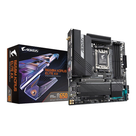 GIGABYTE B650M AORUS Elite AX AMD AM5 mATX Motherboard, Support Ryzen 9000/8000/7000 Series, DDR5, 12+2+2 Power Phase, PCIe 5.0 M.2, USB-C 3.2 Gen 2, WIFI6E, 2.5GbE, EZ-Latch, Q-Flash, RGB Fusion