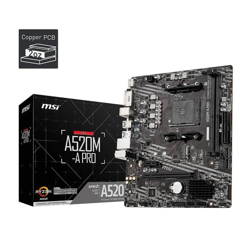 MSI A520M-A PRO Gaming Motherboard (AMD Ryzen 5000, AM4, DDR4, PCIe 3.0, SATA 6Gb/s, M.2, USB 3.2 Gen 1, DVI/HDMI, Micro-ATX)