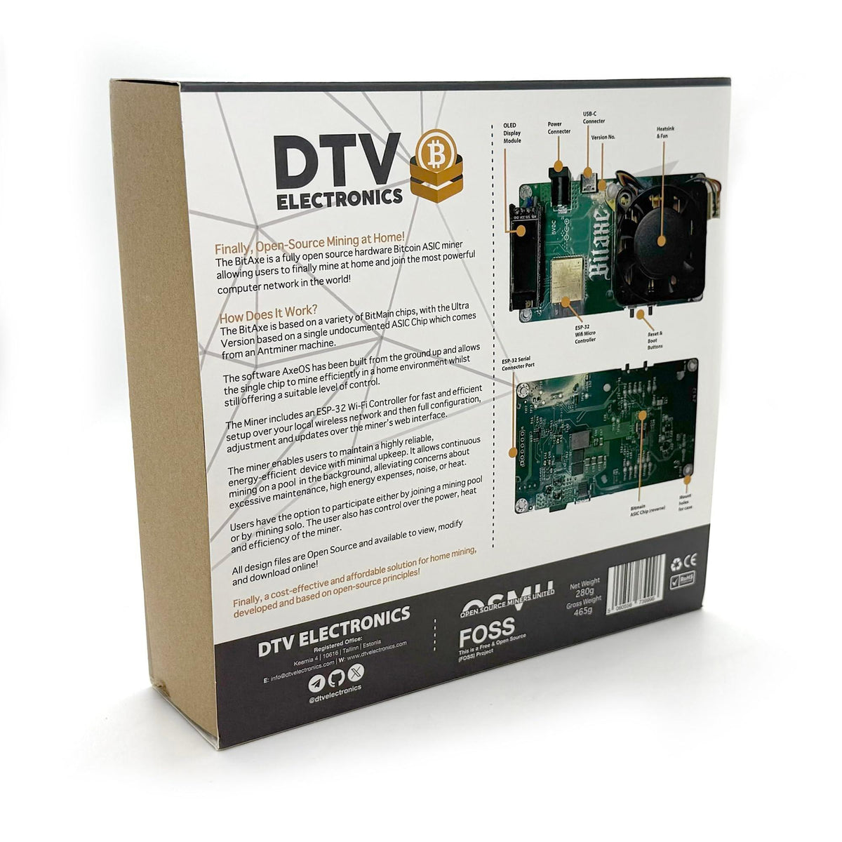 DTV ₿ ELECTRONICS Bitaxe Ultra Open Source Bitcoin ASIC Miner - BTC Miner with 500 GH/s Hash Rate, Low Power Consumption - Quiet Solo Bitcoin Miner for Home Use with Multi-Regional PSU