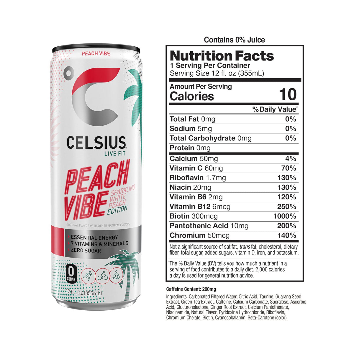 CELSIUS Sparkling Peach Vibe, Functional Essential Energy Drink 12 Fl Oz (Pack of 12)
