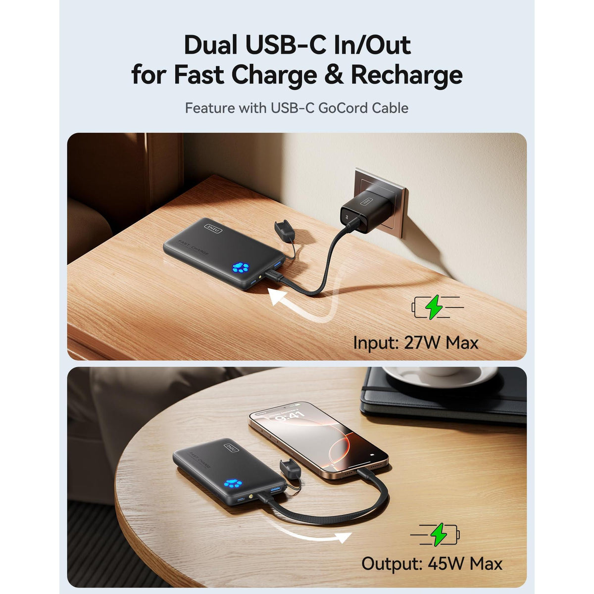 INIU Portable Charger, Ultra Slim 10000mAh 45W PD Power Bank, USB C in&Out Fast Charging Battery Pack, Travel Essential Phone Powerbank Compatible with iPhone 16 15 14 Samsung S22 S21 Google iPad etc