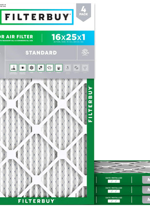 Filterbuy 16x25x1 Air Filter MERV 8 (MPR 700) Dust Defense Replacement (4-Pack), Electrostatic Pleated HVAC AC Furnace Filters, Made in USA (Actual Size: 15.50 x 24.50 x 0.75)