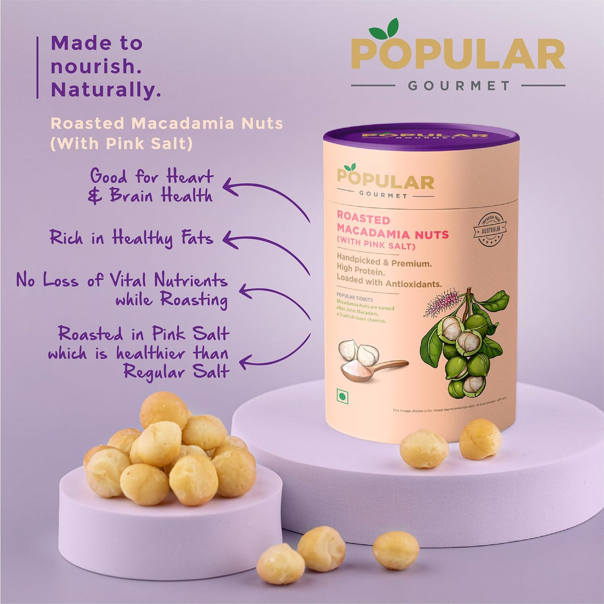 Popular Gourmet Macadamia - Pink salt 200g - Handpicked nuts, Unsalted & Gluten-Free, Crunchy, Healthy snacks for kids and adults, Rich in Antioxidants, with vitamin b1 and magnesium