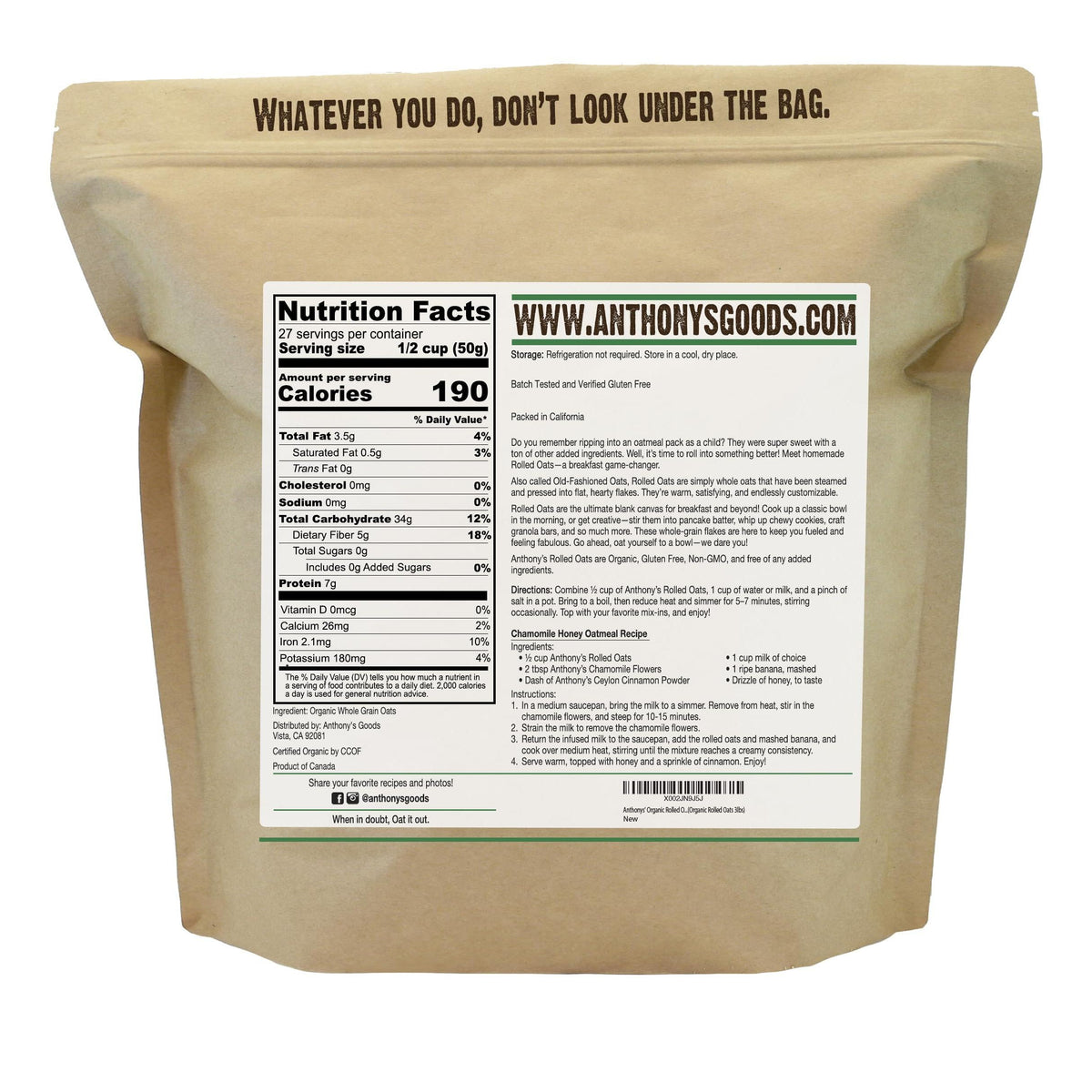 Anthony's Organic Rolled Oats, 3 lb, Gluten Free, Non GMO, Old Fashioned, Whole Grain