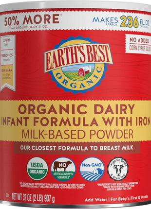 Earth's Best Organic Baby Formula for Babies 0-12 Months, Powdered Dairy Infant Formula with Iron, Omega-3 DHA, and Omega-6 ARA, 32 oz Formula Container