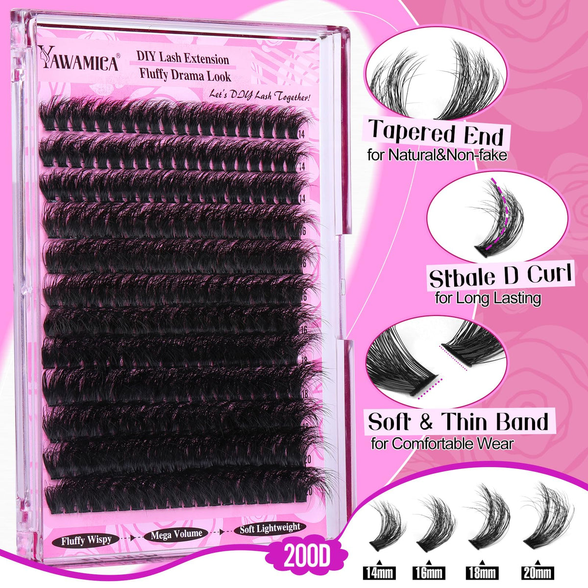 Yawamica Fluffy Lash Clusters Thick 200D Volume Eyelash Clusters 14-20mm Wispy Individual Lashes D Curly Cluster Eyelash Extensions 240pcs DIY Lash Extension for Beginners