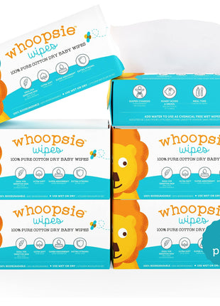 Whoopsie Wipes – The Original 100% Pure Cotton Dry Baby Wipes (600 Count) | Unscented, Ultra-Soft, Chemical-Free Wipes for Sensitive Skin, Lint-Free, Use Dry or Wet, Tear-Resistant, Biodegradable