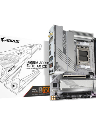 GIGABTE B650M AORUS Elite AX ICE AMD AM5 mATX Motherboard, Support Ryzen 9000/8000/7000 Series, DDR5, 12+2+2 Power Phase, PCIe 5.0 M.2, USB-C 3.2 Gen 2, WIFI6E, 2.5 GbE, EZ-Latch, Q-Flash, RGB Fusion