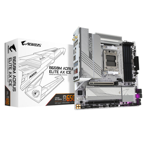 GIGABTE B650M AORUS Elite AX ICE AMD AM5 mATX Motherboard, Support Ryzen 9000/8000/7000 Series, DDR5, 12+2+2 Power Phase, PCIe 5.0 M.2, USB-C 3.2 Gen 2, WIFI6E, 2.5 GbE, EZ-Latch, Q-Flash, RGB Fusion
