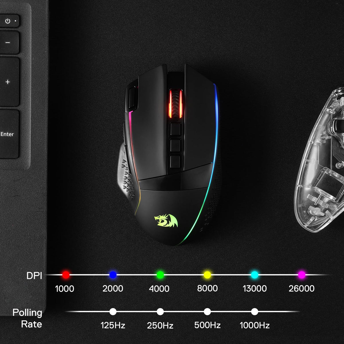 Redragon M991 Wireless Gaming Mouse, 26000 DPI 3-Mode Gamer Mice w/Rapid Fire Key, 9 Macro Buttons, Powerful Capacity and RGB Backlight for PC/Mac/Laptop, Black