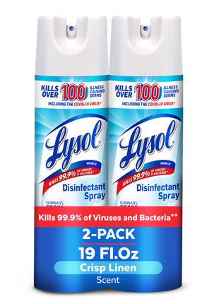 Lysol Disinfectant Spray, Household Essential Cleaning Supplies, Multi Purpose Room Spray, Antibacterial Sanitizer Spray, Upholstery Deodorizer, Home and Bathroom, Crisp Linen,19 Fl Oz (Pack of 2)