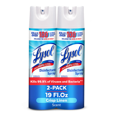 Lysol Disinfectant Spray, Household Essential Cleaning Supplies, Multi Purpose Room Spray, Antibacterial Sanitizer Spray, Upholstery Deodorizer, Home and Bathroom, Crisp Linen,19 Fl Oz (Pack of 2)