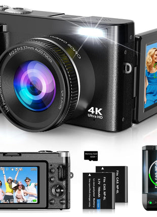 4K Digital Camera for Photography and Video, Autofocus 48MP Vlogging Camera for YouTube with 3'' 180°Flip Screen 16X Zoom Compact Travel Cameras with SD Card, 2 Batteries, Anti-Shake, Flash (Black)