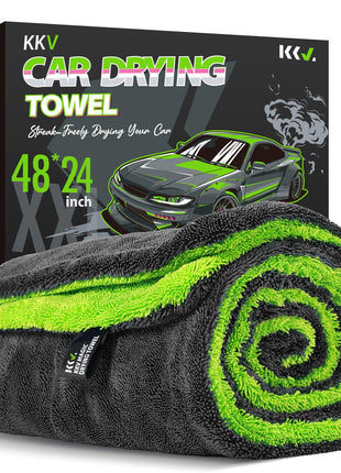 KKV Full-Sized SUV Drying Towel, 48”x24” Dual Sided Microfiber Car Cleaning Towel with Twisting Yarn Technique, 1400GSM Super Absorbent, Scratch-Free, Machine Washable (Darkgray-GreenYellow)