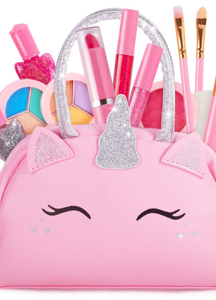 Kids Real Makeup Kit for Girls with Pink Unicorn Purse, Non Toxic Washable Make Up - Unicorn Toys for Toddler & Birthday Gifts for Girl Ages 3 4 5 6 7 8 9 10 Years Old - Pretend Play Vanity Set