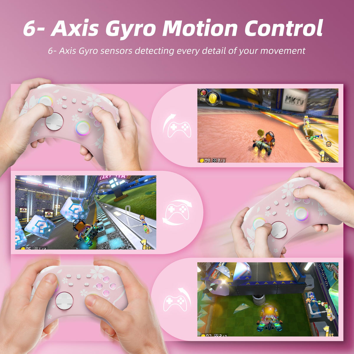 Mytrix Wireless Controllers for Switch/Switch 2, Windows PC iOS Android Steam/Steam Deck, Sakura Pink Bluetooth Controller with Programmable, Hall Effect Joysticks, Adjustable LED Light/Turbo/Vibration