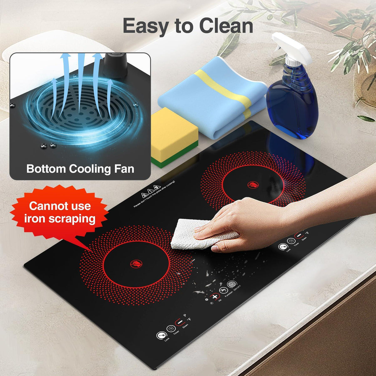 VBGK Electric cooktop,110V 24 inch 2 Burner Electric Cooktop,Built-in and Countertop Stove Top,2200W Stove,9 Power Levels, Kids Lock & Timer,LED touch control,Overheat Protection