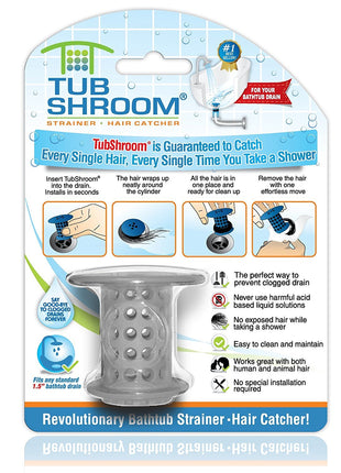 TubShroom Bathtub Drain Hair Catcher – in-Drain Tub Strainer & Clog Prevention Protector, Fits Standard 1.4"–1.75" Tub Drains, Easy Clean, Captures Human & Pet Hair Out of Sight (Gray)