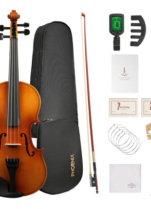 PHOENIX Violin 4/4 Full Size Set, Fiddle Set for professional Beginners Adults with Rosewood Bow Extra strings & Bridge, 2 Rosins, Tuner, Mute, Case (Plywood, 4/4)