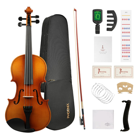 PHOENIX Violin 4/4 Full Size Set, Fiddle Set for professional Beginners Adults with Rosewood Bow Extra strings & Bridge, 2 Rosins, Tuner, Mute, Case (Plywood, 4/4)