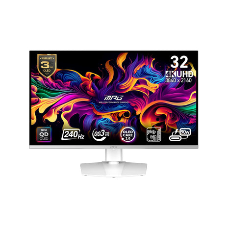 msi MPG 321URXW QD-OLED 31.5 Inch 4K UHD Gaming Monitor - 3840 x 2160 Quantum Dot OLED Panel, 240Hz / 0.03ms, 99% DCI-P3, ΔE≤2, DisplayHDR True Black 400, KVM, RGB - DP 1.4a, HDMI 2.1, USB Type-C 98W