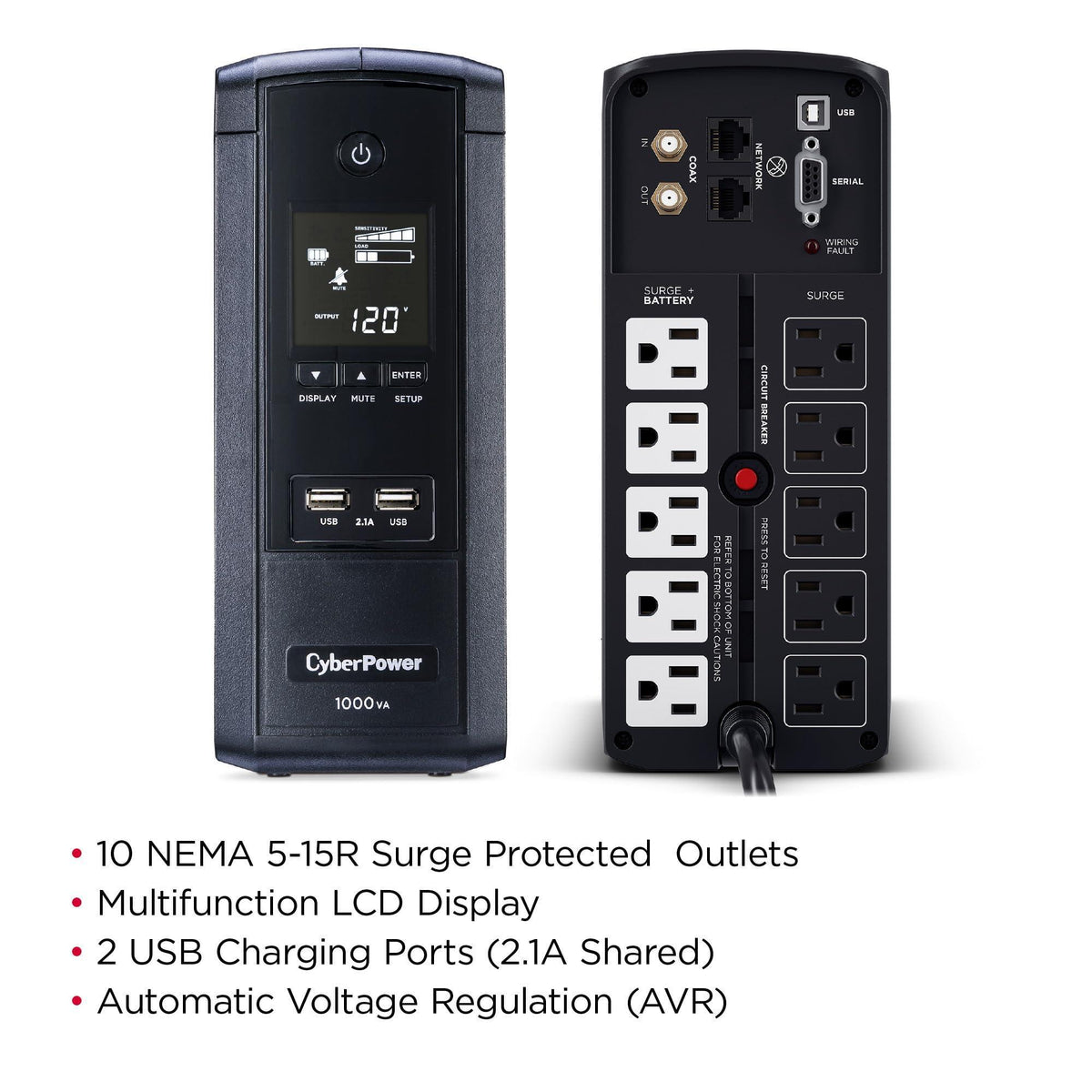 CyberPower BRG1000AVRLCD Intelligent LCD UPS System, 1000VA/600W, 10 Outlets, AVR, Mini-Tower, 5-Year Warranty