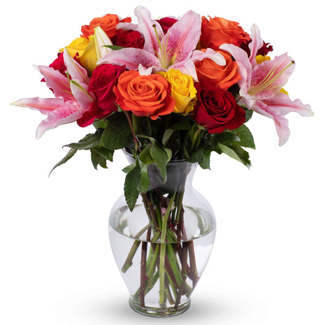 Benchmark Bouquets - Big Blooms Oriental Lilies & Roses (Glass Vase Included) - Fresh Flowers for Next Day Delivery - Gift for Birthday, Anniversary, Get Well, Sympathy, Congratulations