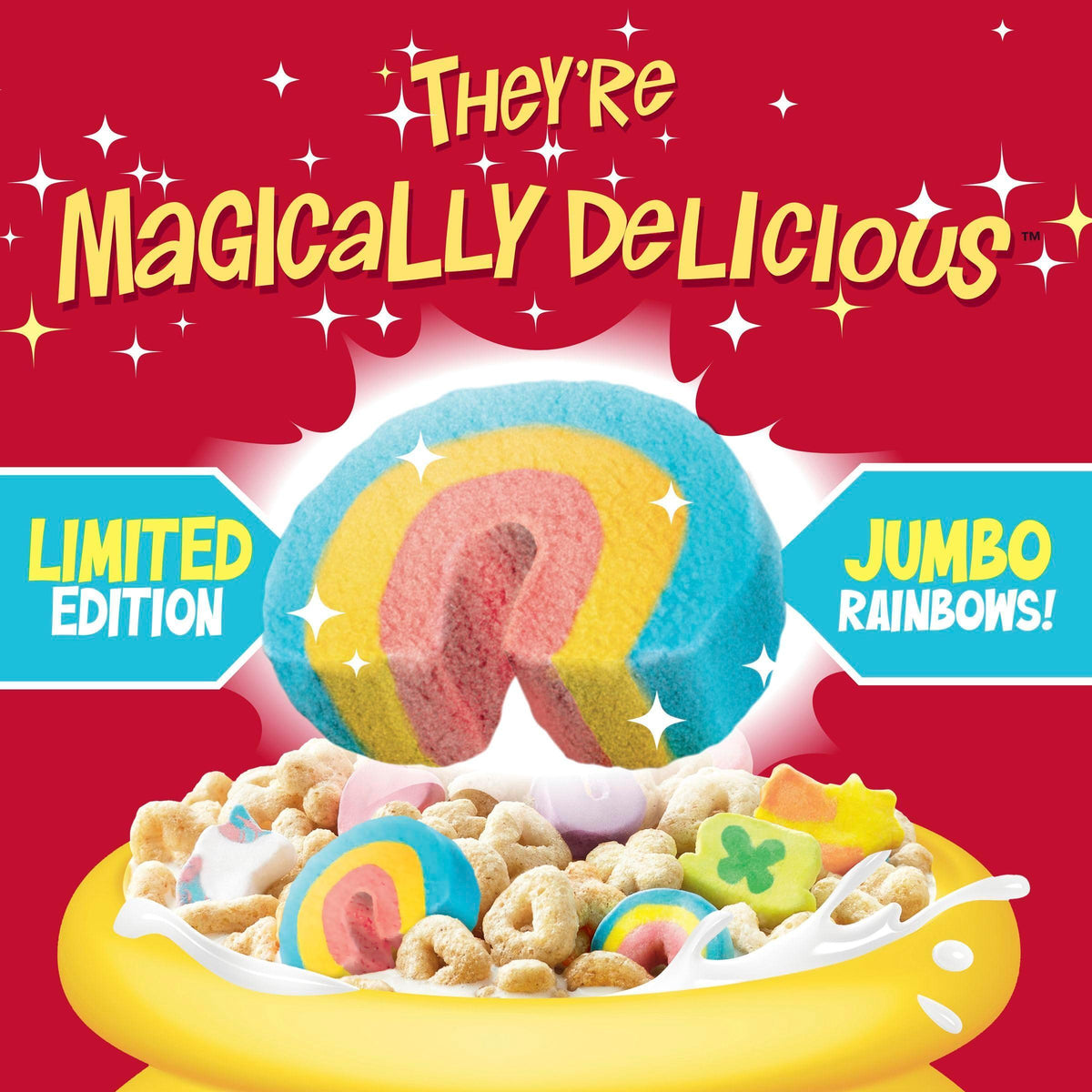 Lucky Charms Gluten Free Cereal with Marshmallows, Limited Edition Jumbo Rainbows, Kids Breakfast Cereal, Made with Whole Grain, Giant Size, 26.1 oz