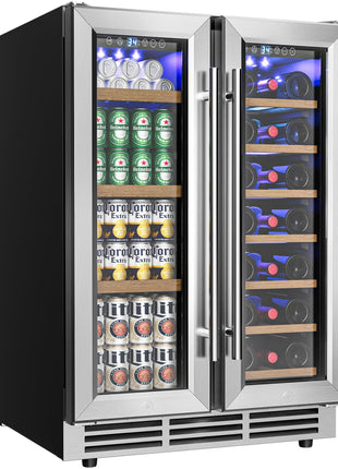 EUHOMY Wine and Beverage Refrigerator, 24 Inch Dual Zone Wine Cooler with Glass Door Hold 21 Bottles and 88 Cans, Built in or Under Counter Wine Fridge with Blue LED Light