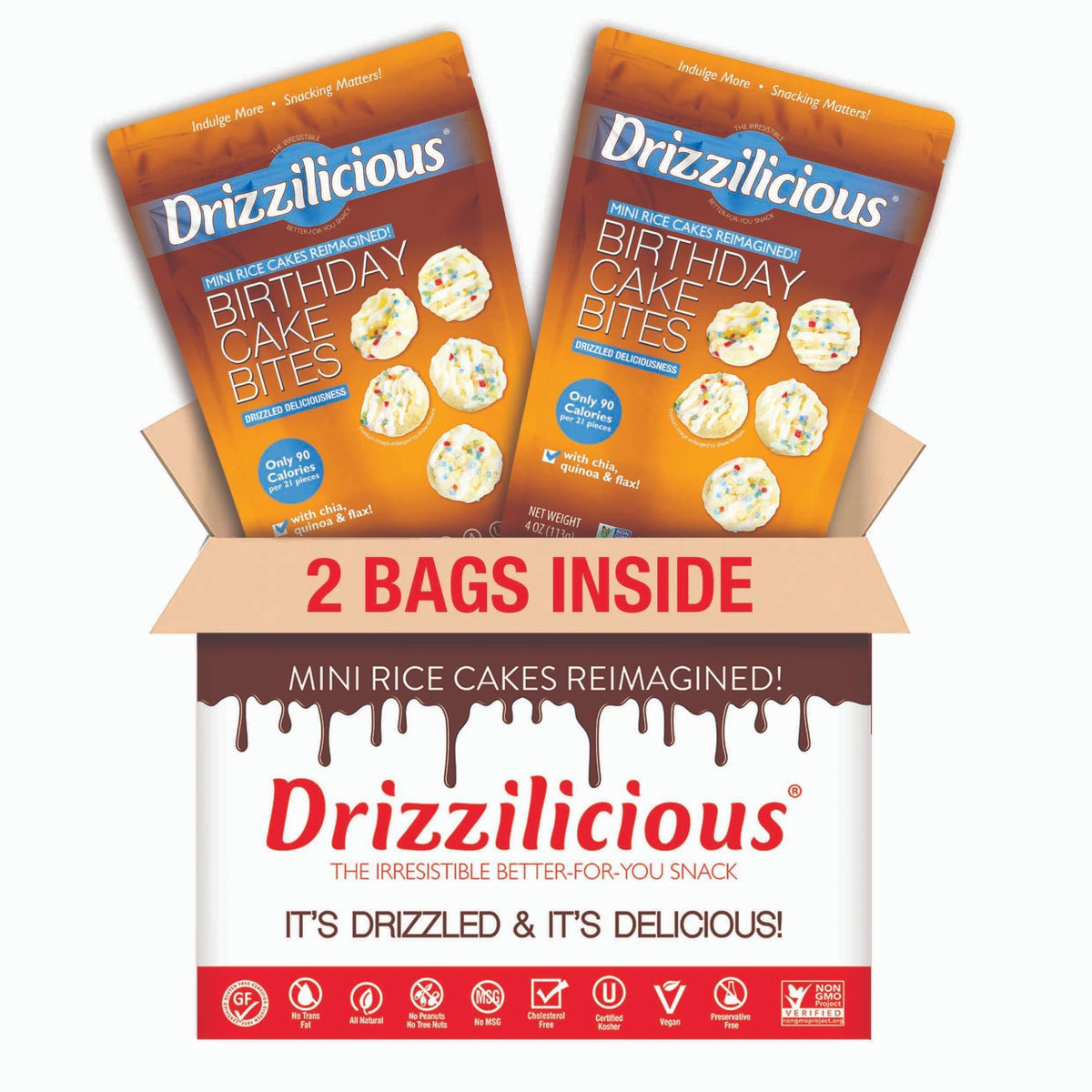 Drizzilicious Mini Rice Cakes Birthday Cake - Rice Crisps, Healthy Snack for Adults and Kids, Flavored Rice Cakes, Vegan, Gluten Free, Allergen Free, Only 90 Calories Per Serving - 4 oz (Pack of 2)