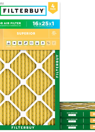 Filterbuy 16x25x1 Air Filter MERV 11 (MPR 1200) Allergen Defense Replacement (4-Pack), Electrostatic Pleated HVAC AC Furnace Filters, Made in USA (Actual Size: 15.50 x 24.50 x 0.75)