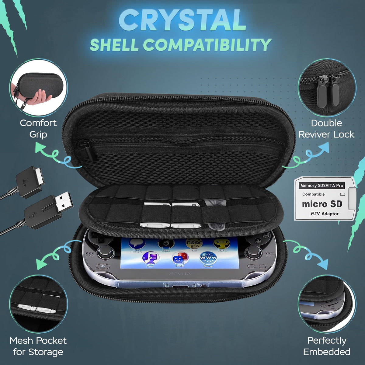 Skywin Four-in-One Kit For PS Vita 2000 Includes PS Vita Case, Front and Back Protector, Adapter Charger Cable, and Micro SD Memory Card, Compatible with PS Vita 2000 Slim, Carrying Case,Travel Pouch