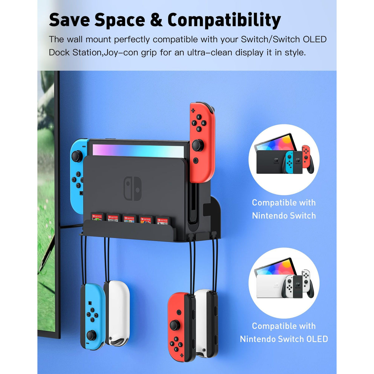 ZAONOOL Wall Mount for Nintendo Switch and Switch OLED, Metal Wall Mount Kit Shelf Accessories with 5 Game Card Holders and 4 Joy Con Brackets, Safely Store Switch Console Near or Behind TV, Black