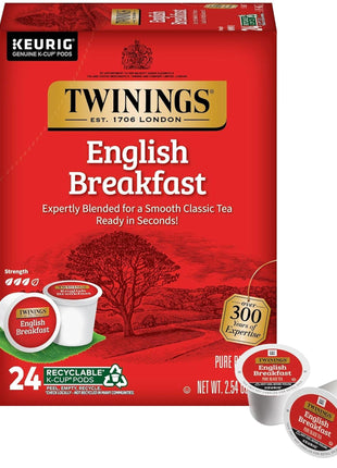Twinings English Breakfast Black Tea K-Cup Pods for Keurig, 24 Count (Pack of 1), Smooth, Flavourful, Robust, Caffeinated, Enjoy Hot or Iced