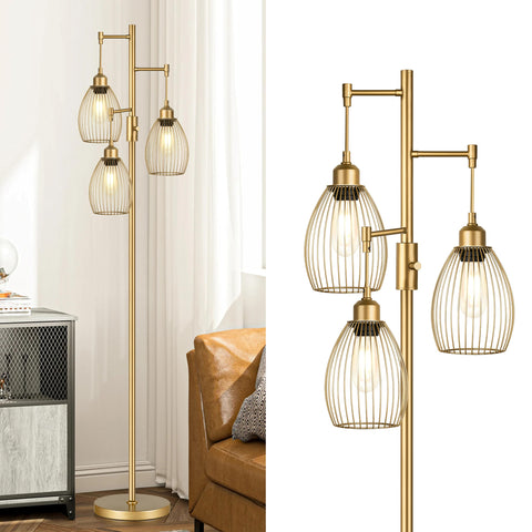 Dimmable Industrial Floor Lamps for Living Room, Gold Tree Standing Tall Lamps with 3 Elegant Teardrop Cage Head & 800 Lumens LED Bulbs for Bedroom Office